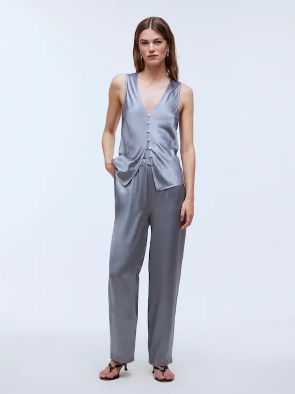 Madewell Satin Cutaway Vest Top & Straight Leg Pants in Dusk Grey